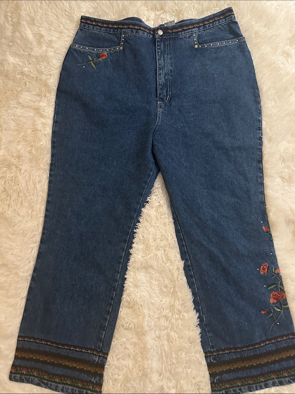 bill blass Dark Blue Denim Flare Jeans with Red Floral Embroidery